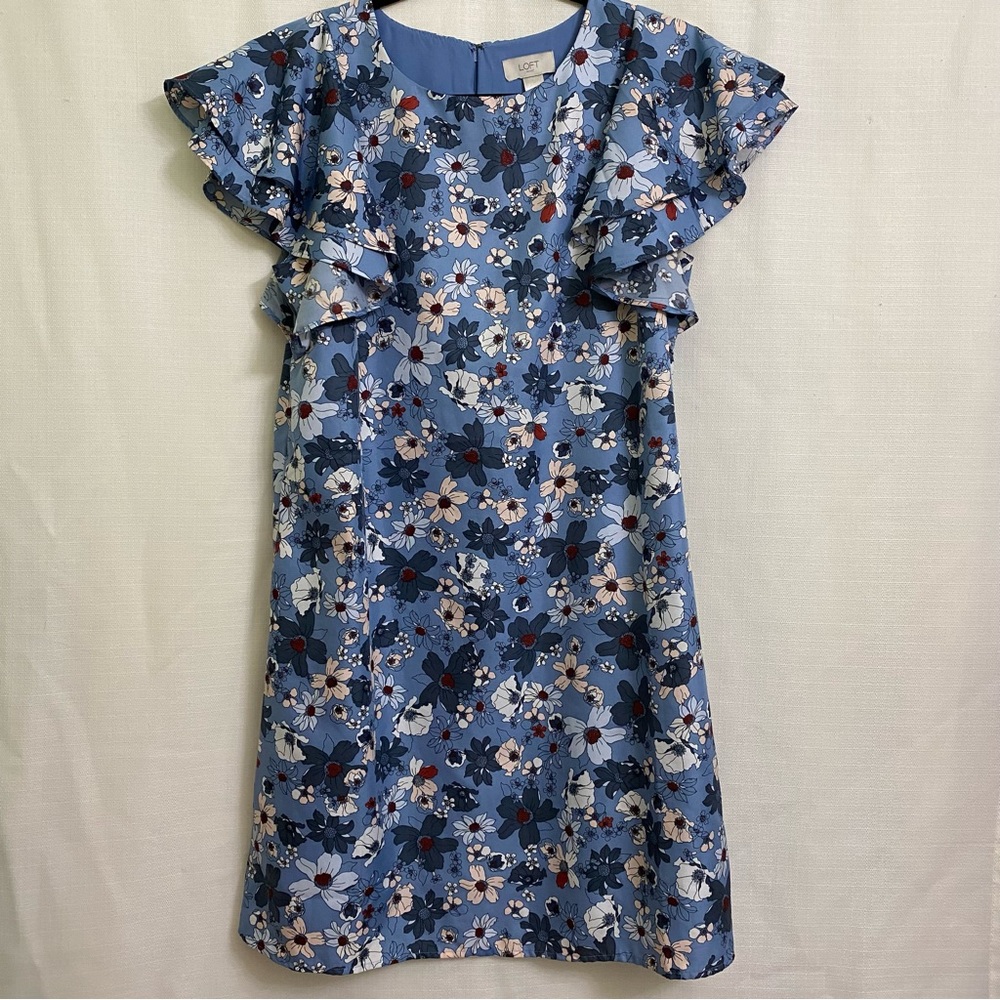 Loft- Blue Floral Flutter Sleeve Shift Dress- Size Small